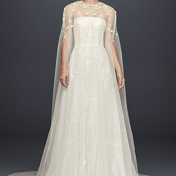 Long Tulle Bridal Cape with Flowers - Picture 1 of 3